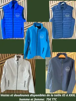 Vestes et doudounes bleus avec le logo du Golf du Puy en Velay, à la vente à la boutique pour tous les golfeurs
